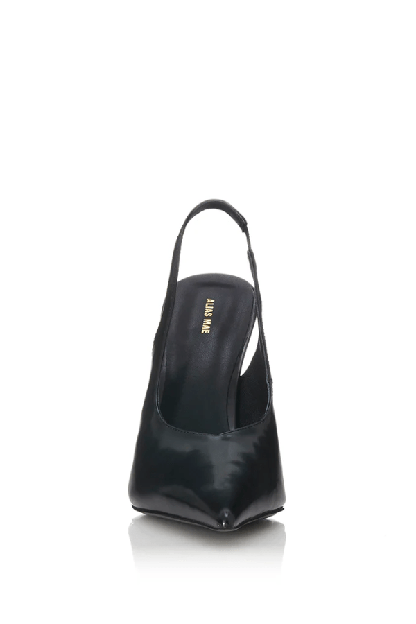 Lorna Black Box by Alias Mae, sleek leather slingback heels with pointed toe and 10.5cm heel, perfect for day to night wear with modern elegance.