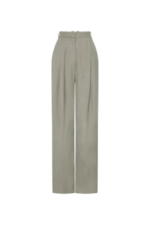 Drew Pant Mottled Stone by Camilla and Marc, tailored low-rise pant with front pleats, fishtail waistband, single arrow belt loops, and back jet pockets with button detail. Crafted in a wool-poly blend with permanent press finish.