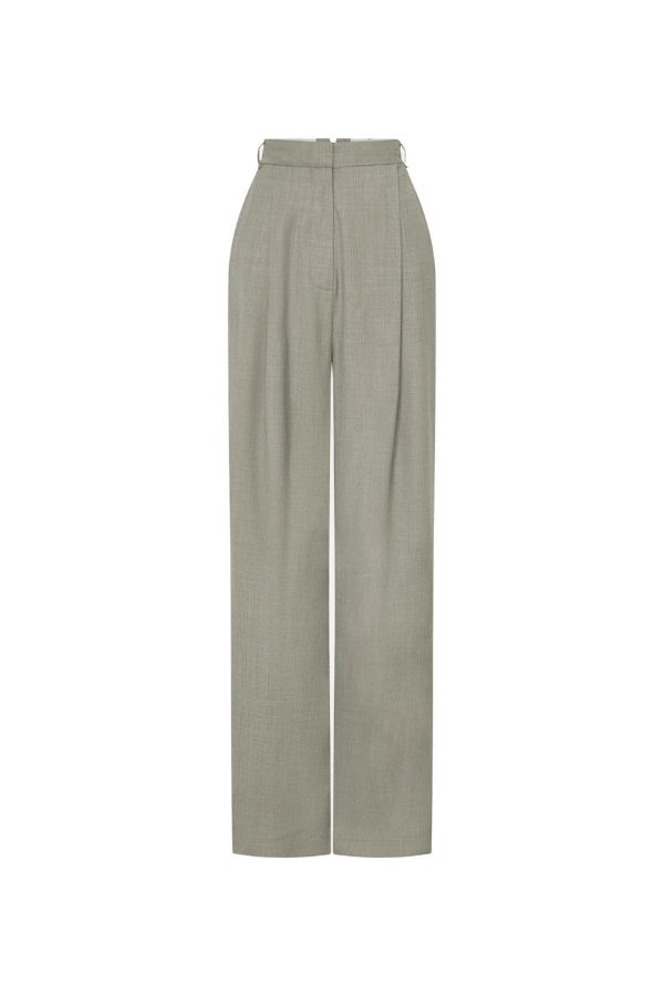 Drew Pant Mottled Stone by Camilla and Marc, tailored low-rise pant with front pleats, fishtail waistband, single arrow belt loops, and back jet pockets with button detail. Crafted in a wool-poly blend with permanent press finish.