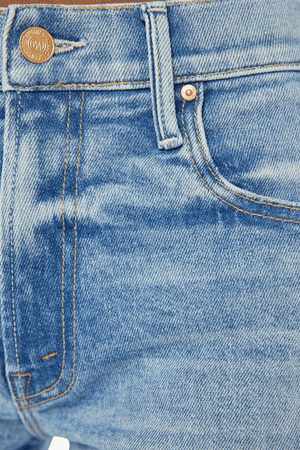 Mid Rise Maven Sneak Peak A Boo by Mother Denim, mid-rise relaxed wide-leg jeans with distressed knees, light-blue wash, perfect for casual cool style.