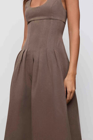 Cotton Mix Cinched Midi Dress Mushroom by Odd Muse, fit and flare dress with boned bodice and full skirt