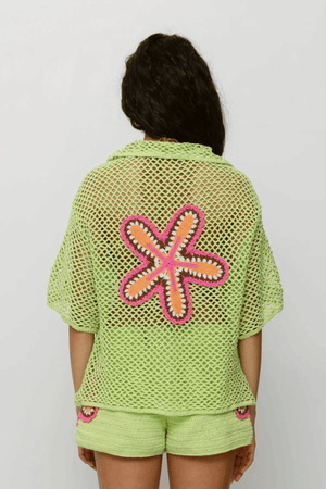 Elke Crochet Shirt Lime by The Wolf Gang, handwoven cotton shirt with floral crochet detail, artisan-made in Bali for an elevated resort look.