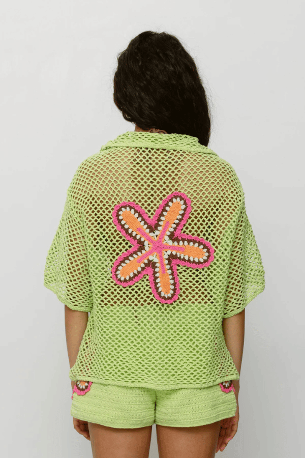 Elke Crochet Shirt Lime by The Wolf Gang, handwoven cotton shirt with floral crochet detail, artisan-made in Bali for an elevated resort look.