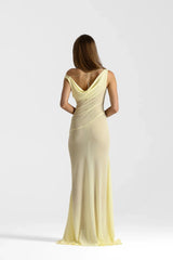 Anita Dress Lemon by Natalie Rolt featuring a sheer georgette silhouette, draped cowl neckline and asymmetrical skirt godets.