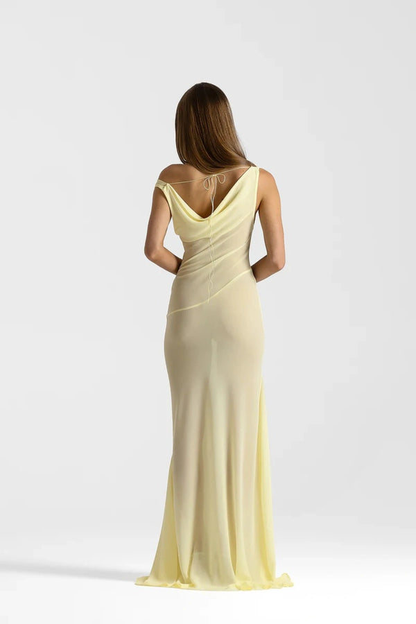 Anita Dress Lemon by Natalie Rolt featuring a sheer georgette silhouette, draped cowl neckline and asymmetrical skirt godets.