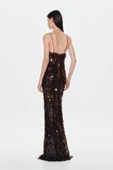 Sapphire Sequin Dress Fig by Misha — A shimmering maxi with plunging V-neck, slim fit, voluminous hem, and low-back design. Perfect for standout evenings.