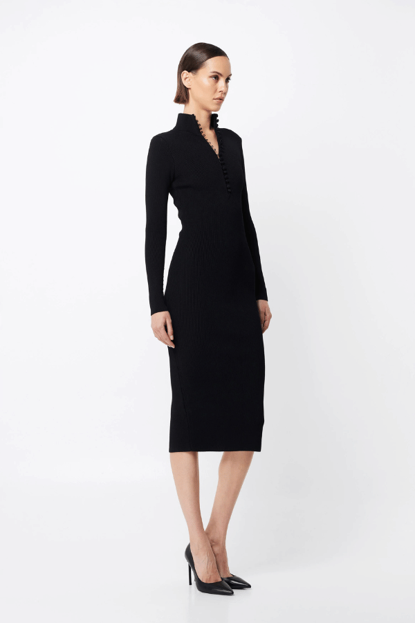 Mayfair Long Sleeve Midi Black by Mossman – A sleek, premium crepe knit midi with high neckline, covered buttons, and fitted silhouette, perfect for polished desk-to-dinner looks.