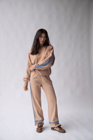 Maya Knit Pant Nougat by Araminta James, soft cotton knit pants with contrast trims and split hems, perfect for chic, comfortable leisurewear looks.
