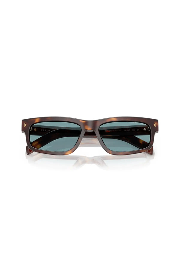 Prada Rectangular Acetate Sunglasses, classic tortoise frame with green polar lenses and wide temples accented by metal logo plaques.