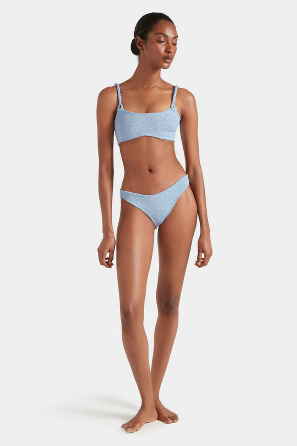 Phoebe Bikini Metallic Ice Blue by Hunza G - crinkle bikini with twisted straps and metallic finish, designed for a sculpted modern silhouette.5