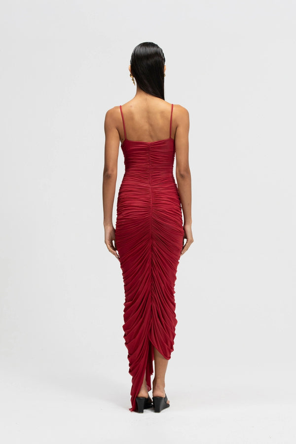 Mater Long Dress by Maygel Coronel, ruched maxi dress with draped panels, sash detail and internal bodysuit.