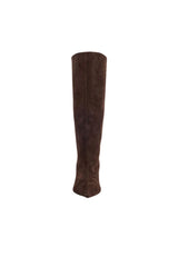 Nadia Choc Suede by Alias Mae, knee-high suede boot with pointed toe and curved heel, perfect for elevated day or evening wear