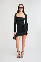 1983 Mini Dress Black by Pfeiffer, square neck mini dress with ruching, perfect for day to night styling