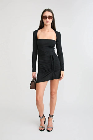 1983 Mini Dress Black by Pfeiffer, square neck mini dress with ruching, perfect for day to night styling