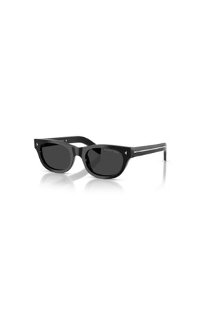 Prada sunglasses in black with Polar Black lenses, featuring signature rivet and logo detailing. A sleek, modern everyday luxury style.