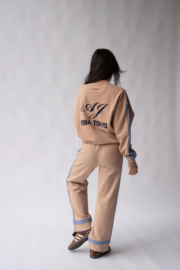 Maya Knit Pant Nougat by Araminta James, soft cotton knit pants with contrast trims and split hems, perfect for chic, comfortable leisurewear looks.