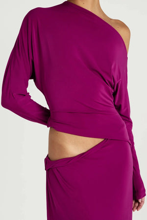 Fuchsia Maxi Dress by Benni, off shoulder jersey gown with twist waist, perfect for events or evening styling