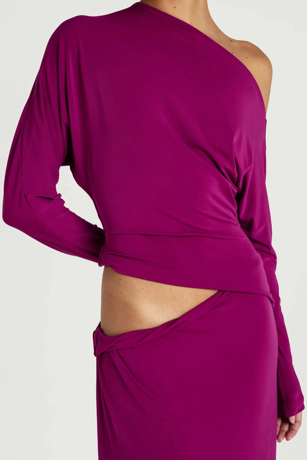 Fuchsia Maxi Dress by Benni, off shoulder jersey gown with twist waist, perfect for events or evening styling