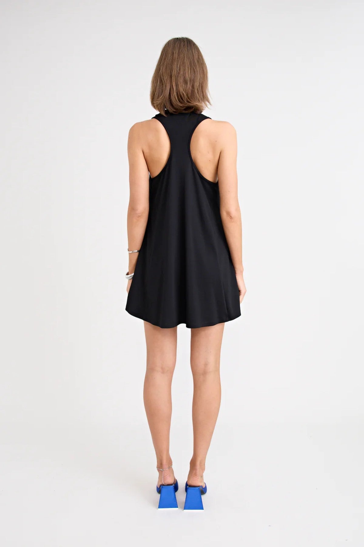 Shiloh Mini Dress Black by Pfeiffer, a cotton jersey mini with low U neckline, racer back and removable tie for bustle style.