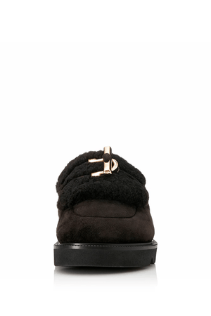 Cedar Black Suede/Shearling by Alias Mae, black suede slides with gold accents and plush shearling for cozy, elevated everyday wear.