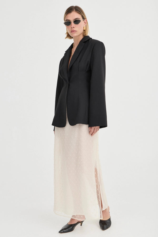 The Saasha Beaded Skirt Ivory by Solaqua – sheer beaded maxi skirt with side split and fluid silhouette.
