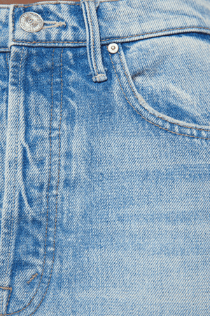 Pipe Dream Button Sneak Fray in Blinded By The Dark by MOTHER, Super high-rise rigid jeans with barrel-leg fit and frayed hem for vintage-meets-modern style.