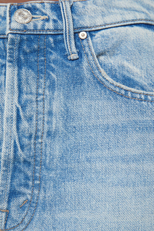 Pipe Dream Button Sneak Fray in Blinded By The Dark by MOTHER, Super high-rise rigid jeans with barrel-leg fit and frayed hem for vintage-meets-modern style.