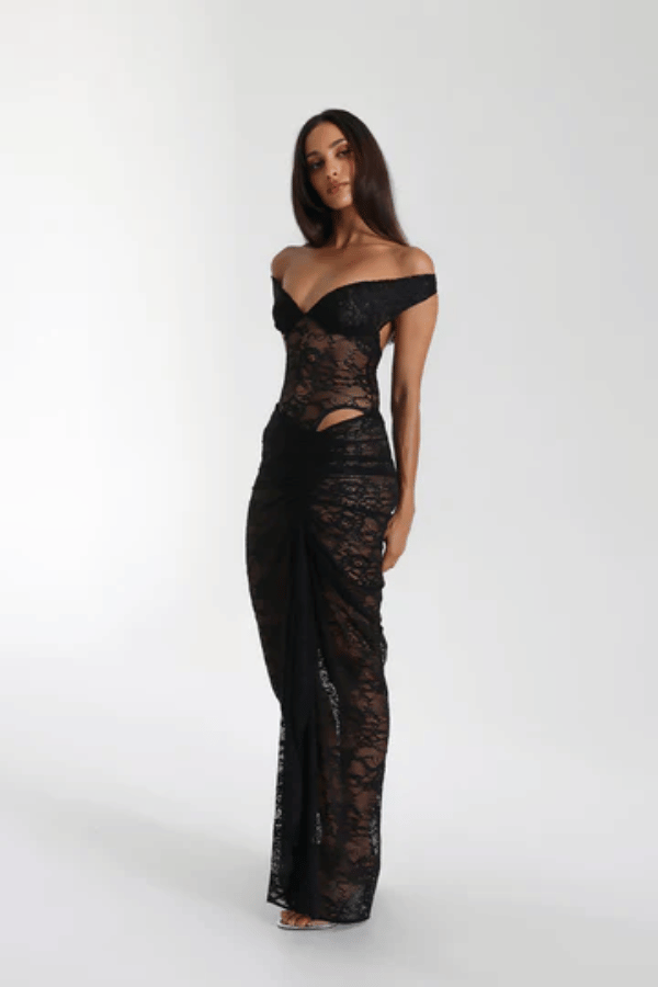 Aubrey Dress Black by Natalie Rolt – A striking lace two-piece with a ruched silhouette and cut-out detail, perfect for chic evening events.