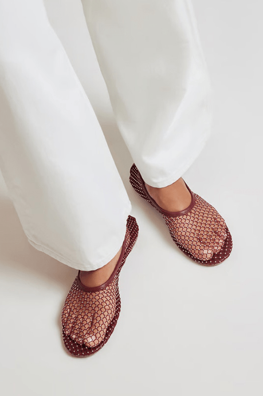 Clarissa Ballet Flat Merlot by Senso – Sheer mesh flats with crystal embellishments and rounded toe for a chic, sparkling everyday look.