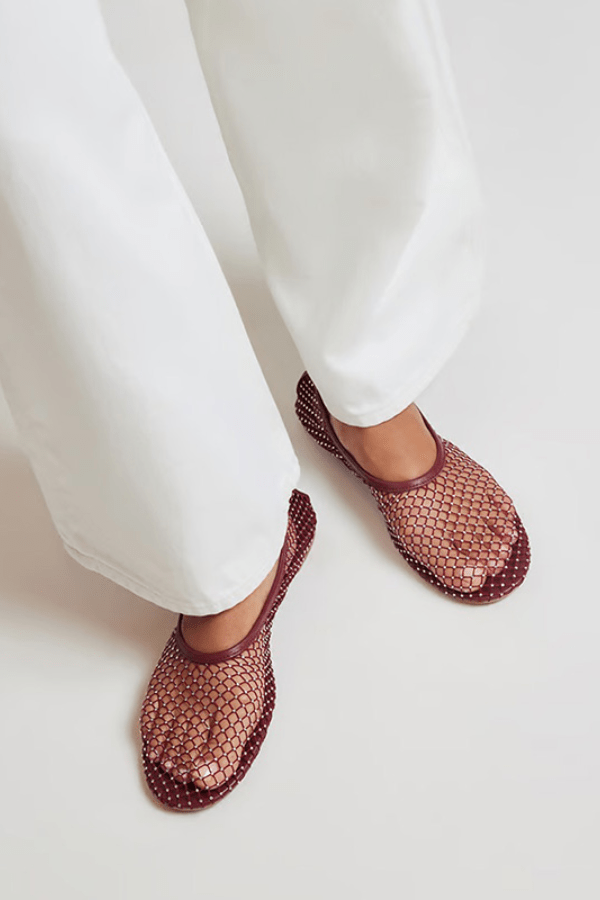 Clarissa Ballet Flat Merlot by Senso – Sheer mesh flats with crystal embellishments and rounded toe for a chic, sparkling everyday look.