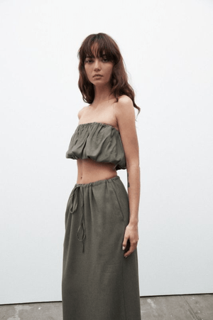 Juliana Top Slate by Bayse, gathered bubble design with elastic hems and structured boning, perfect for trendy viral summer looks and chic coordinated outfits.