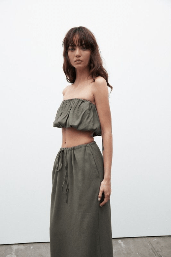 Juliana Top Slate by Bayse, gathered bubble design with elastic hems and structured boning, perfect for trendy viral summer looks and chic coordinated outfits.