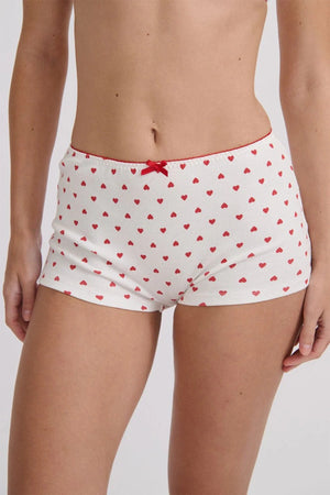 Hugo Short by KATH The Label, ribbed cotton boy-leg brief with red heart print and bows. No returns on bottoms. Perfect for lounging.