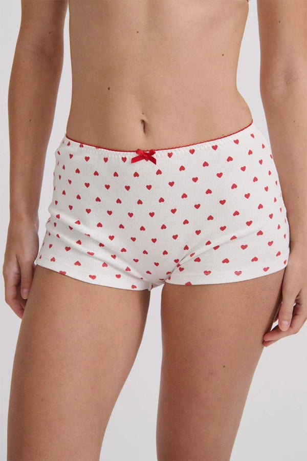 Hugo Short by KATH The Label, ribbed cotton boy-leg brief with red heart print and bows. No returns on bottoms. Perfect for lounging.