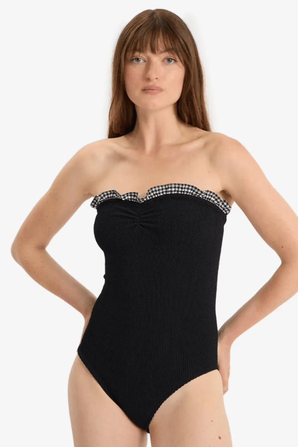 Dolly Bandeau Swimsuit Black by Hunza G – Strapless one-size swimsuit with ruched neckline and gingham texture for timeless poolside elegance.