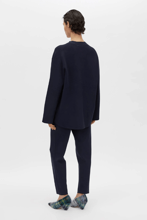 Lyndon Knit Pant Navy by Camilla and Marc, soft knit pant with slim leg, ribbed waistband with drawcords, and signature pin stitch detailing for a polished fit.