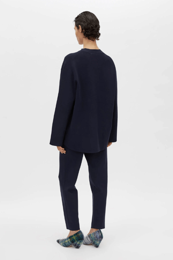 Lyndon Knit Pant Navy by Camilla and Marc, soft knit pant with slim leg, ribbed waistband with drawcords, and signature pin stitch detailing for a polished fit.