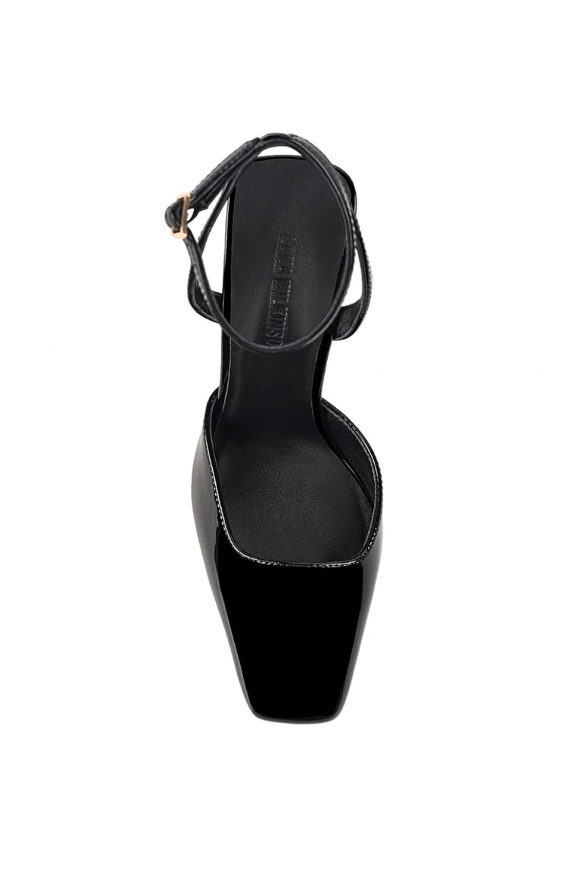 Lana Wilkinson Mona Wedge in black patent leather with pointed toe, high-cut vamp, ankle strap, and sculptural wedge heel.