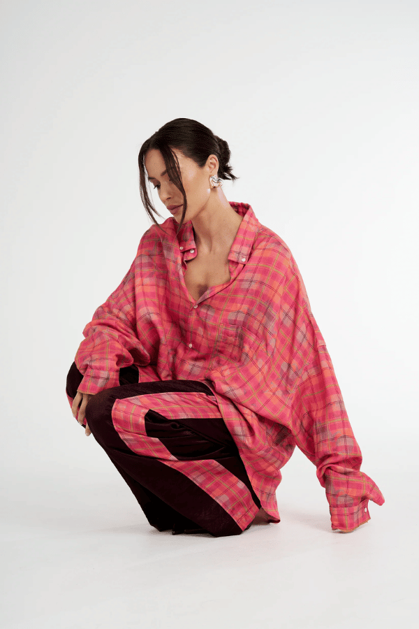 Boxer Pant Plum by Summi Summi, relaxed wide-leg pant with drawstring waistband and NEON PLAID side panels for a stylish, comfortable fit. Made from 100% acetate woven fabric.