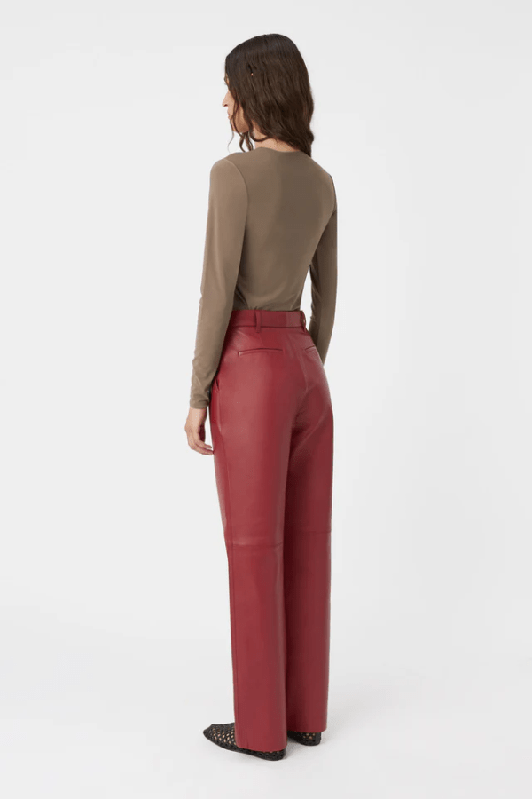 Selita Leather Pant Garnet by Camilla and Marc, luxe lamb leather with seam detail and high waist, perfect for viral nights or elevated daytime looks.