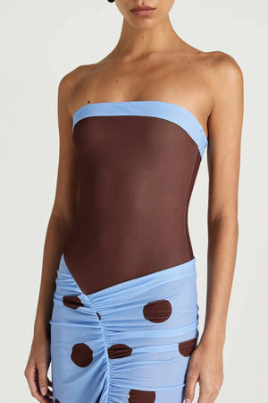 Benni strapless maxi dress with cascading hem and cut out detail, perfect for evening or event styling