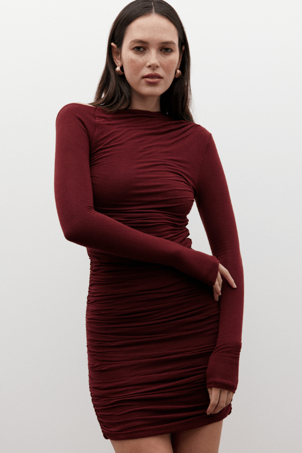 Echo Top Dove by Pasduchas, elegant off-shoulder stretch mesh with ruched sides and thumbhole sleeves, perfect for trendy viral day-to-night and sleek layering looks.