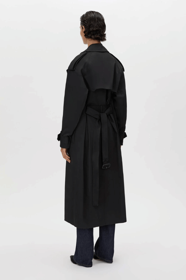 Evans Trench Coat Black by Camilla and Marc – oversized double-breasted trench with storm flaps and belt, perfect for chic layering across seasons.