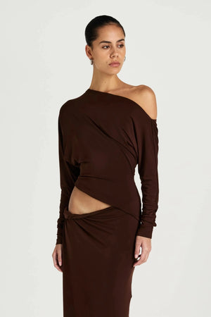 Enya Maxi Dress Chocolate by Benni, off shoulder jersey gown with twist waist, perfect for events or evening styling