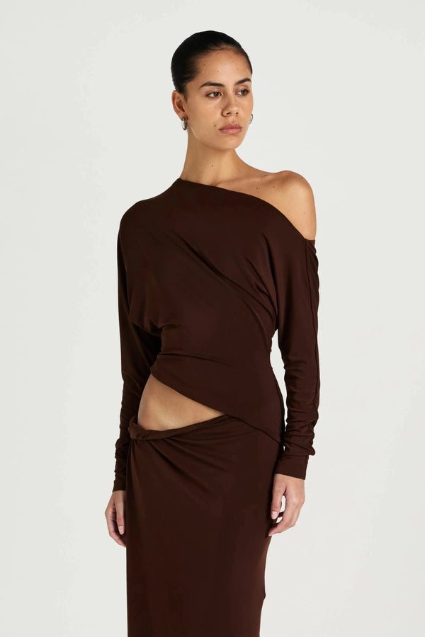 Enya Maxi Dress Chocolate by Benni, off shoulder jersey gown with twist waist, perfect for events or evening styling