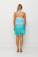 Wilde Fringe Mini Dress Black by The Wolf Gang, a dramatic zig-zag fringe mini with asymmetrical hem. Perfect for cocktails or festival nights.