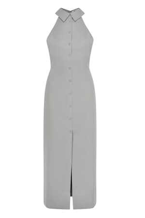 The Ultimate Muse Collar Maxi Dress Grey by Odd Muse – A sleek, trendy maxi with sharp collar, button-down front, and front slit, perfect for summer dinners and holiday looks.