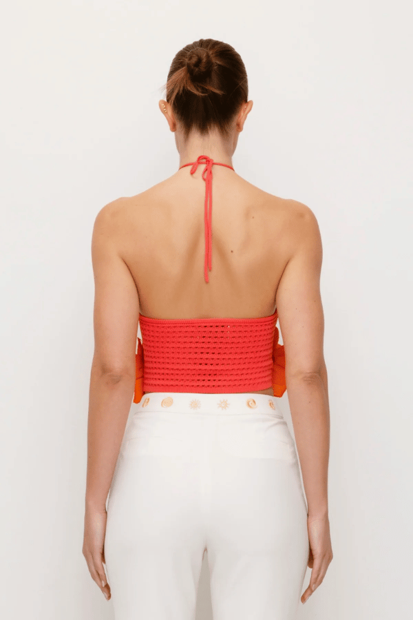 La Monada Knit Top Coral by The Wolf Gang, a bold and trendy piece with asymmetric neckline and cut-outs, crafted from soft ribbed knit, perfect for elevated, fashion-forward looks.
