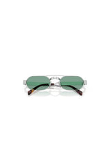 Miu Miu sunglasses with metal frame and green lenses, narrow rectangular shape with retro-inspired bridge detail.