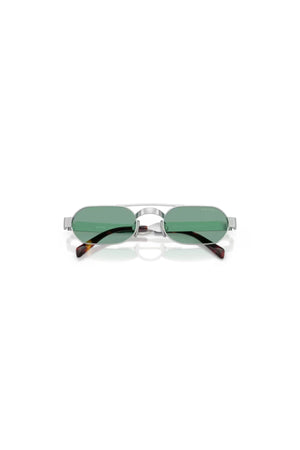 Miu Miu sunglasses with metal frame and green lenses, narrow rectangular shape with retro-inspired bridge detail.